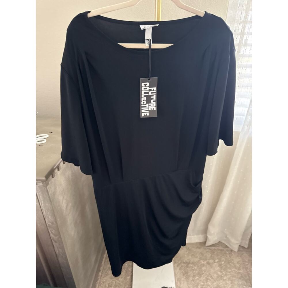 Future Collective Black Midi Draped Crewneck Dress - Picture 2 of 7
